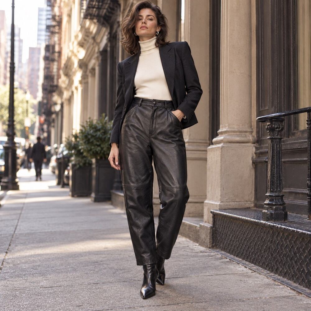 Vintage Womens US Size 10 Black Genuine Leather Moto Biker Pants Paneled Tapered